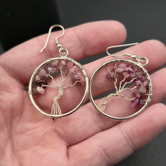 Silver Plated Pink Tourmaline Tree Of Life Earrings A6750 - Picture 3 of 5